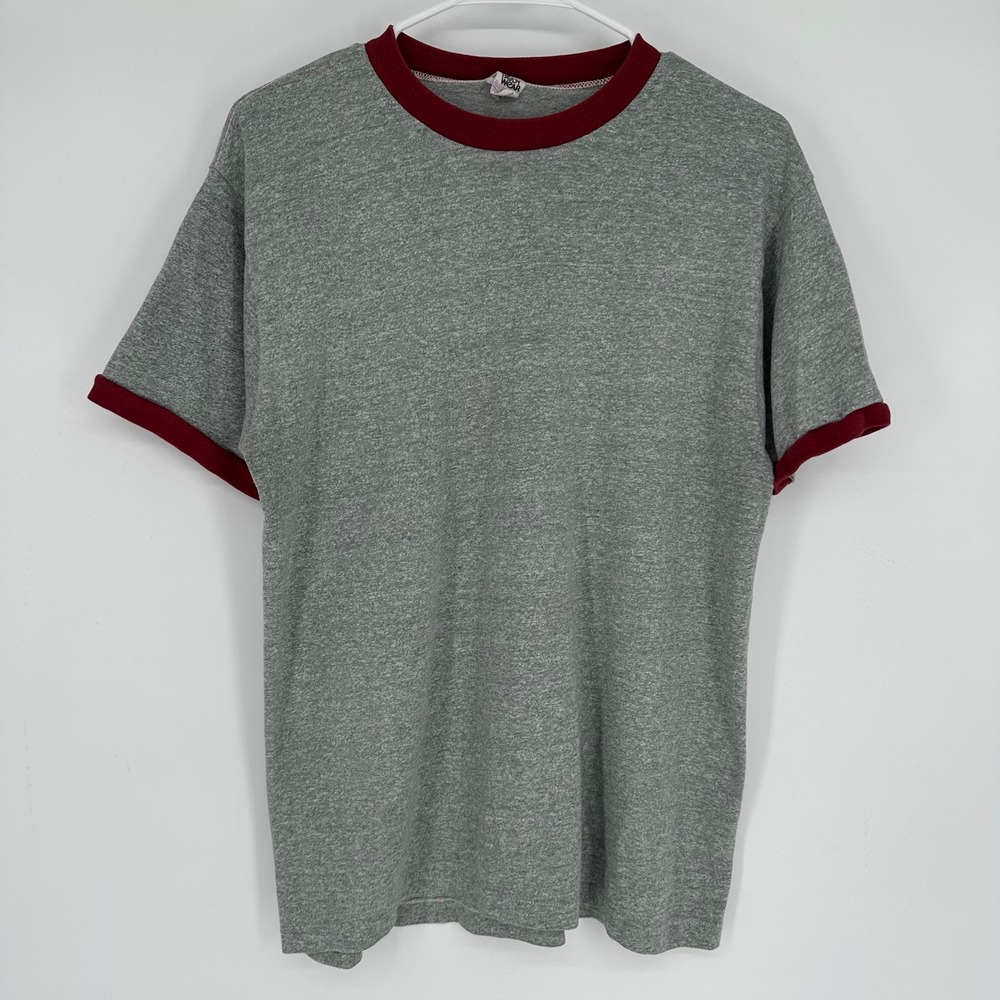 Vintage 70s 80s Sears Body Wear Ringer T-Shirt Gray Maroon XL Single Stitch Tee